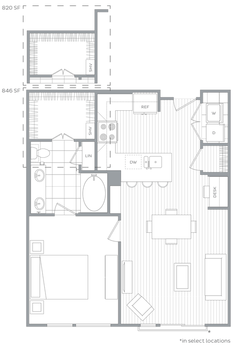 Floor plan for 1 bed, 1 bath, 846 sqft